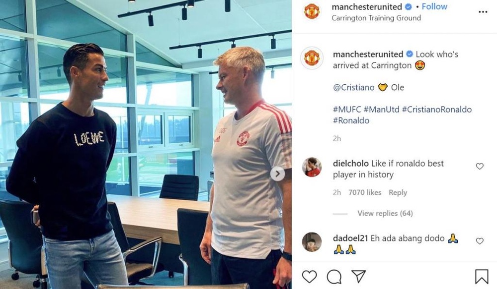 Premier entraînement de Ronaldo avec Manchester United. Capture/Instagram/manchesterunited