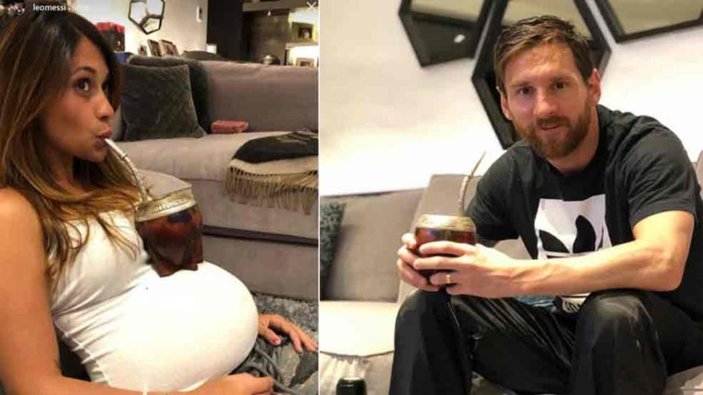 Una foto de hogar argento: Messi en pantuflas y Antonela Roccuzzo mateando