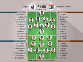 As escalações de Caen e Lyon para este jogo. BeSoccer