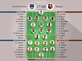 As escalações de Bordeaux e Rennes para este jogo. BeSoccer