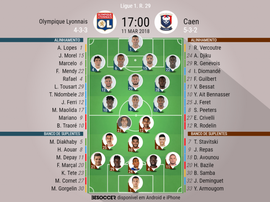 As escalações de Lyon e Caen para este jogo. BeSoccer