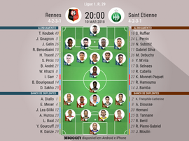 As escalações de Rennes e St. Étienne para este jogo. BeSoccer