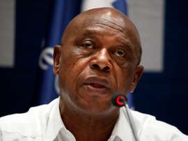 Tokyo Sexwale speaks during a press conference with the heads of the Palestinian and Israeli Football federations in the West Bank city of Jericho on December 16, 2015