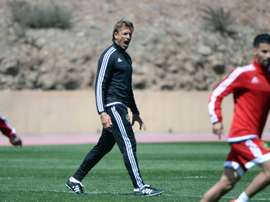 The French coach of the Moroccan national football team, Herve Renard (C), leads his teams training session on March 23, 2016 in Marrakesh