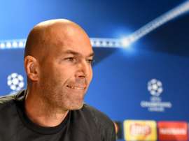 Zidane addresses a press conference at the Legia Warszawa stadium in Warsaw. AFP