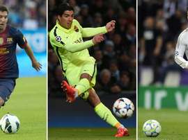 A combination of file pictures made on August 12, 2015 shows (L-R) Barcelonas Lionel Messi, Barcelonas Luis Suarez and Real Madrids Cristiano Ronaldo