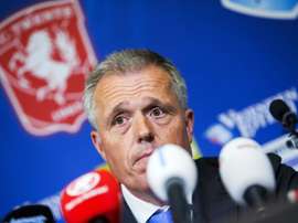 Chairman of FC Twente Onno Jacobs, pictured on May 18, 2016, speaks during a press conference after his team was demoted from the Eredivisie (premier league) to the first division by the the Royal Dutch Football Association (KNVB)