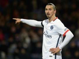Paris Saint-Germains Swedish forward Zlatan Ibrahimovic in action on November 21, 2015 at the Moustoir stadium in Lorient, western France