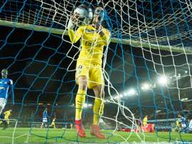 Cavani celebrates scoring against Strasbourg. AFP