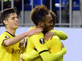 Dortmunds players celebrate a goal during a UEFA Europa League group C football match against Qabala in Baku on October 22, 2015