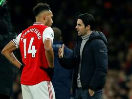 Aubameyang (L) strongly denies claims he is looking to leave Arsenal. AFP