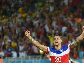 US defender Geoff Cameron celebrates after US defender John Brooks scored during a Group G football against Ghana during the 2014 FIFA World Cup on June 16, 2014