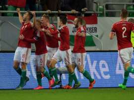 Hungarys forward Tamas Priskin (L) celebrates his goal against Norway during a Euro 2016 play-off match at the Grupama Arena in Budapest on November 15, 2015