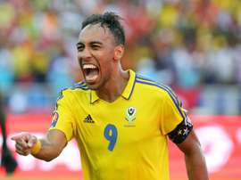 Pierre-Emerick Aubameyang célèbre son but contre la Guinée-Bissau à Libreville lors de la CAN. AFP
