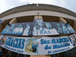 Banners picturing Marseilles former head coach Marcelo Bielsa are displayed outside a supporters club on August 10, 2015 in Marseille