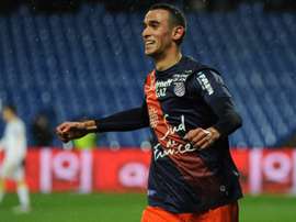 Monpelliers midfielder Ellyes Skhiri celebrates after scoring a goal during the French L1 football match between Montpellier and Lille at the Mosson stadium in Montpellier, southern France, on February 27, 2016