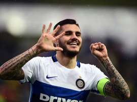 Inter Milans Mauro Icardi celebrates after scoring his 50th Seria A goal against Frosinone. BeSoccer