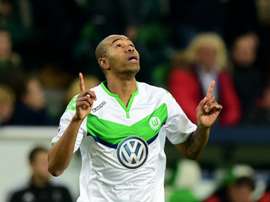 Naldo celebrates scoring for Wolfsburg against Manchester United in Wolfsburg on December 8, 2015