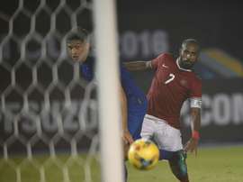 Indonesian player Boas has an attempt at goal against Thailand. AFP