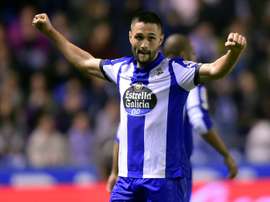 Romanian forward Florin Andone celebrates a goal for Deportivo de la Coruna. AFP