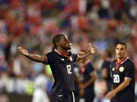 Costa Ricas Joel Campbell sucks a pacifier in celebration after scoring a goal against the US, during their intl friendly, at the Red Bull Arena in Harrison, New Jersey, on October 13, 2015