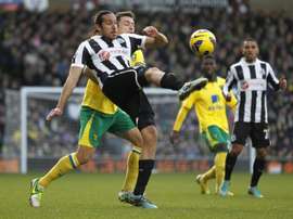 Newcastle Uniteds Argentinian midfielder Jonas Gutierrez (L) pictured during an English Premier League match against Norwich City at Carrow Road in Norwich, England, on January 12, 2013