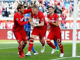 Bastian Schweinsteiger (C) of Chicago Fire celebrates after scoring a goal