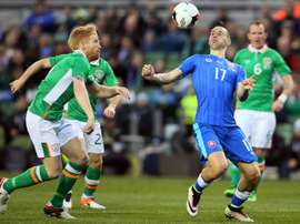 Slovakias midfielder Marek Hamsik (R) controls the ball during the international friendly football match between Republic of Ireland and Slovakia at Aviva Stadium in Dublin on March 29, 2016