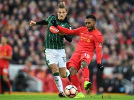 Liverpools Daniel Sturridge (right) in action against Plymouth Argyle. AFP
