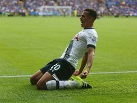 Tottenham Hotspurs Dele Alli celebrates after scoring during the Premier League match against Leicester City at King Power Stadium on August 22, 2015