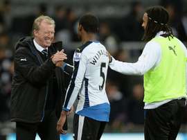 Newcastle Uniteds head coach Steve McClaren (L) congratulates Georginio Wijnaldum (C) following the match between Newcastle United and Liverpool at St James Park on December 6, 2015