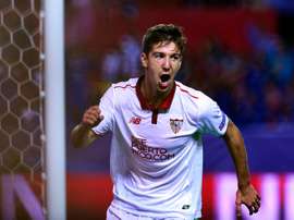 Luciano Vietto celebrates after scoring in the Champions League match with Dinamo Zagreb. AFP