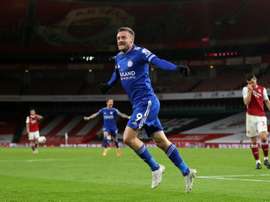 Leicester striker Jamie Vardy celebrates his goal at Arsenal. AFP