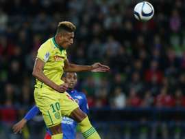 Nantes French forward Yacine Bammou heads the ball during the French L1 football match between Caen (SM Caen) and Nantes (FC Nantes), on October 23, 2015, at the Michel dOrnano stadium, in Caen, northwestern France