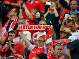 Union Berlin fans protested at the start of the game v Leipzig. AFP