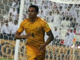 Tim Cahill celebrates scoring a goal during their 2018 World Cup qualifying match against UAE. AFP