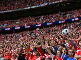Middlesbrough fans wait for kick off of the English Championship play off final football match between Middlesbrough and Norwich City at Wembley Stadium in London on May 25, 2015