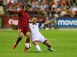 Spains forward Alvaro Morata (L) vies with Luxembourgs defender Maxime Chanot during the Euro 2016 qualifying football match Spain vs Luxembourg at Las Gaunas stadium in Logrono on October 9, 2015