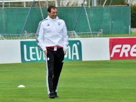 Juventus coach from Italy Massimiliano Allegri looks on during a training session on the eve of the UEFA Champions League football match Juventus vs Sevilla FC at Vinovo Training centre on September 29, 2015 in Turin