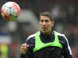 Leicester City striker Leonardo Ulloa during warm-up. AFP