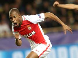 Djibril Sidibe celebrates scoring Monaco's first goal against Spurs. AFP