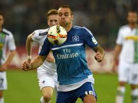 Hamburgs forward Pierre-Michel Lasogga vies for the ball during the German first division Bundesliga football match Borussia Moenchengladbach vs Hamburger SV in Moenchengladbach, western Germany, on September 11, 2015