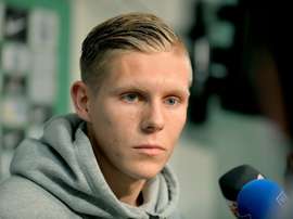 Aron Johannsson attends a press conference on August 5, 2015 in Bremen after his move to Werder Bremen from AZ Alkmaar