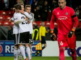 Rosenborgs Alexander Toft Soederlund celebrates scoring during a UEFA Europa League football match against Saint-Etienne in Trondheim, Norway on November 26, 2015