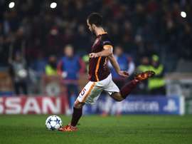 Romas midfielder from Bosnia-Herzegovina Miralem Pjanic kicks and scores a penalty during the UEFA Champions League football match AS Roma vs Bayer Leverkusen on November 4, 2015 at the Olympic stadium in Rome