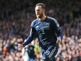 Scotland striker Steven Fletcher celebrates after scoring during the Euro 2016 qualifying match against Gibraltar at Hampden Park in Glasgow on March 29, 2015