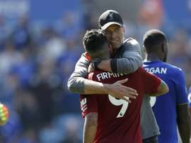 Jurgen Klopp celebrates after holding on for a 2-1 win at Leicester on Saturday. AFP