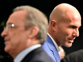 Real Madrids new French coach Zinedine Zidane (right) pictured at the Santiago Bernabeu stadium