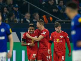 Halstenbervg (C) scored in Leipzig's 0-5 thumping of Schalke. AFP