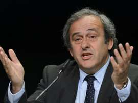 UEFA President Michel Platini gesturing during a press conference prior to the 65th FIFA Congress in Zurich on May 28, 2015